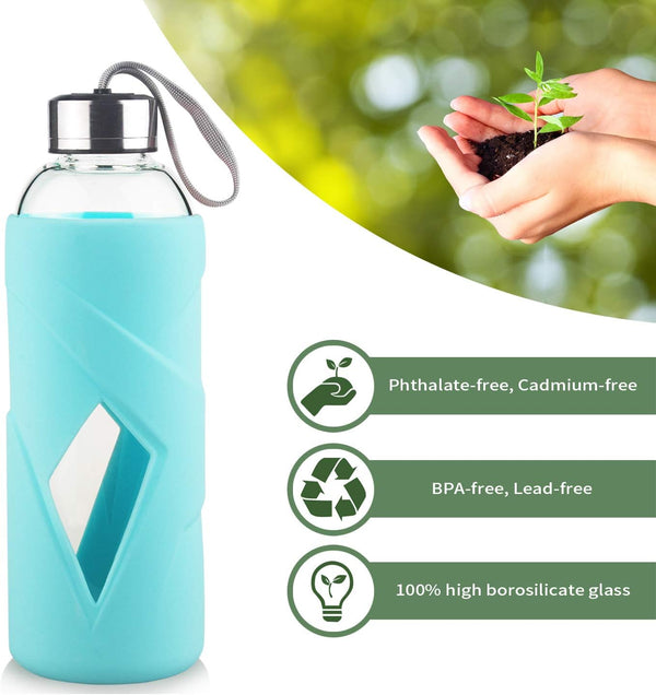 32 OZ Borosilicate Glass Water Bottle BPA Free Reusable Glass Drinking Bottle with Silicone Sleeve and Stainless Steel Lid Light Blue