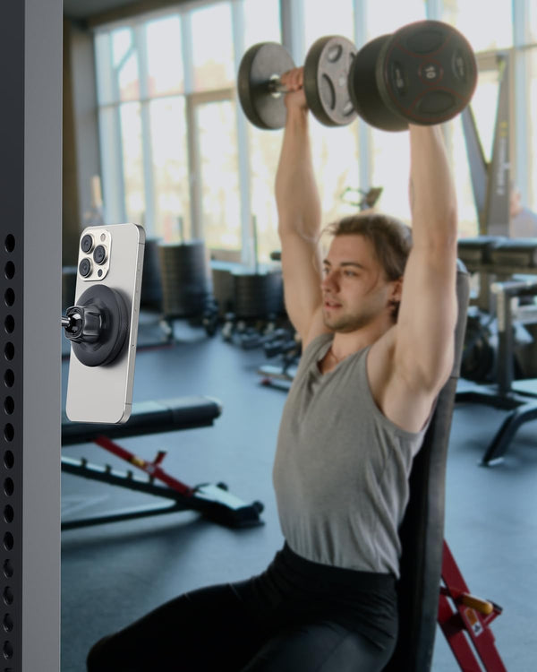 APPS2Car Gym Magnetic Phone Holder, Aluminum Alloy Base & Ball Joint, Black | 360° Adjustable Dual Magnet Phone Mount for MagSafe, Attach to Metal