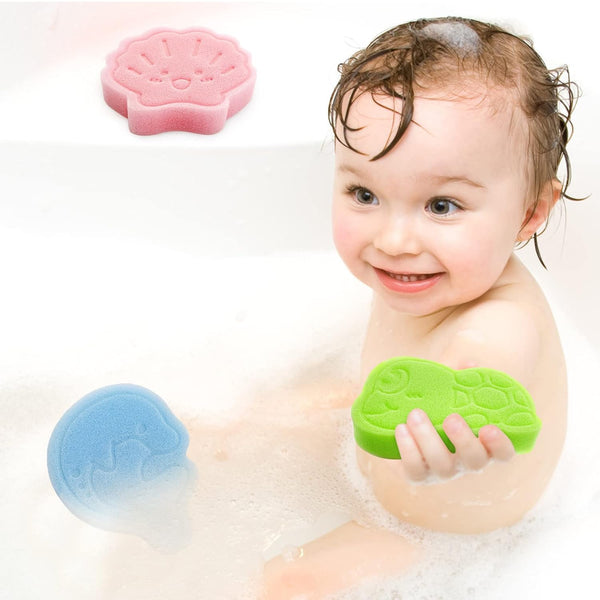 Baby Bath Sponge, Natural Cute Shapes Soft Shower Sponges for Bathing, Bathtub Foam for Infants and Toddler, 3pcs : Blue Dolphin, Pink Shell,