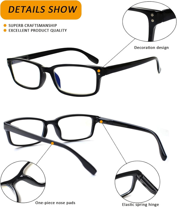 Kerecsen 6-Pack Reading Glasses Blue Light Blocking,Spring Hinge Readers for Men Women,Computer Eyeglasses 6 Black 1.5 x