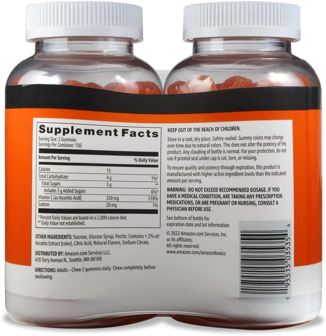 Amazon Basics - Vitamin C, 250 Mg Gummies, Orange, 300 Count (2 Packs of 150), 2 per Serving (Previously Solimo)