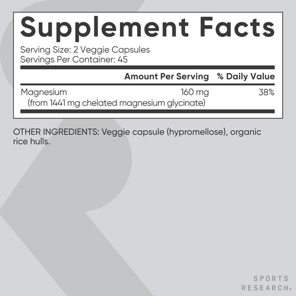 Sports Research® Magnesium Glycinate 160mg, 90 Veggie Capules 90 Count (Pack of 1) Capsule