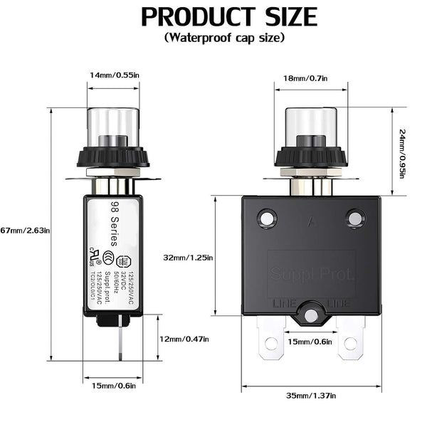 Thermal Circuit Breaker,98 Series 40A 125/250VAC Circuit Breaker Push-Button Reset with Quick Connect Terminals and Waterproof Button Cover 32VDC