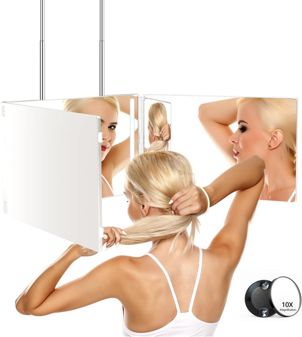 JANMPASK LED 3 Way Mirror for Self Cutting Mirror Vanity Barber Supplies Accessories 360 Makeup Mirror with Light Trifold to See Back of Head(White)