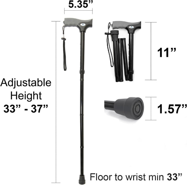 FSA/HSA Eligible, Vaunn Medical Easy Grip Height Adjustable Folding Cane/Walking Stick with Strap/Pouch- Compact, Portable, and Safe Walking