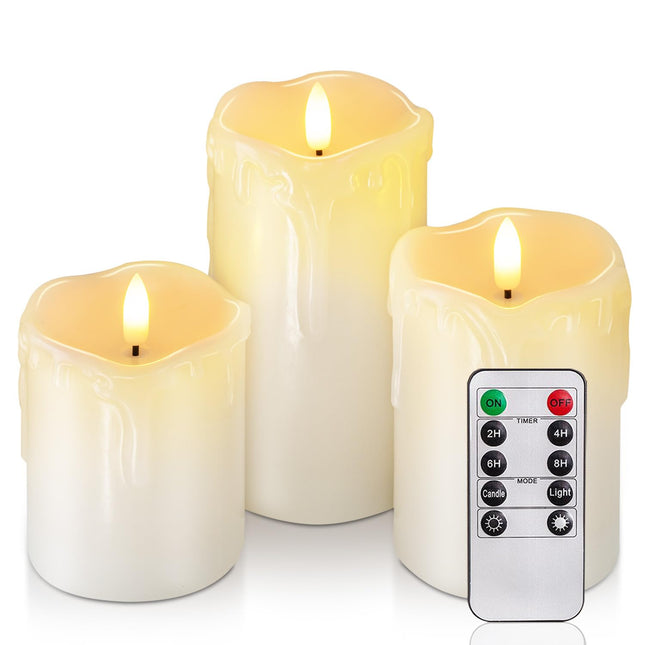 Homemory Dripping Wax Flameless LED Pillar Candles, Battery Operated with Remote Control and Timer, Set of 3, 5" H X 4" 