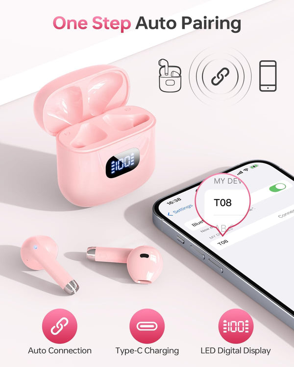 Wireless Earbuds Bluetooth 5.3 Headphones, 40Hrs Playback Stereo Ear Buds with LED Display Charging Case IPX7 Waterproof in-Ear Earphones with Mic