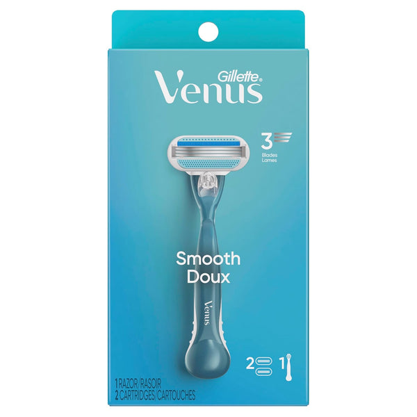 Gillette Venus Smooth Razor for Women, Includes 1 Reusable Razor Handle + 2 Count 3-Bladed Refills, Ergonomic Soft Grip Handle 1 Count (Pack of 1)