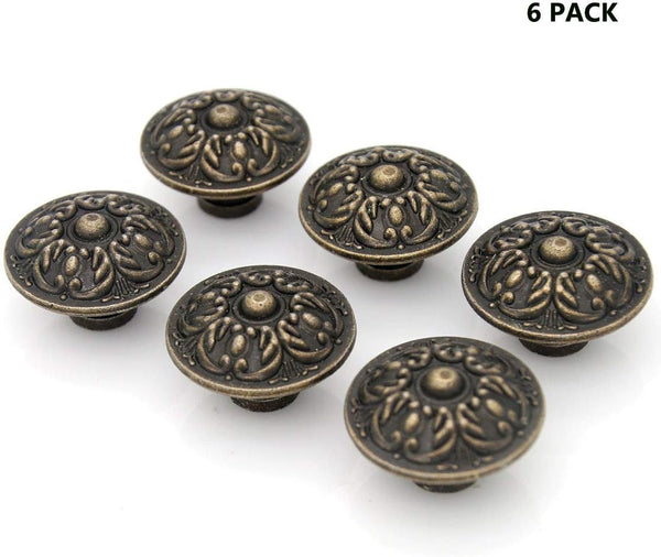 LXZ 6 PCs Vintage Antique Brass Knobs Handles Pulls with Flower Pattern for Cabinet Drawer Door, Diameter 1.3" (3.4 cm) Large