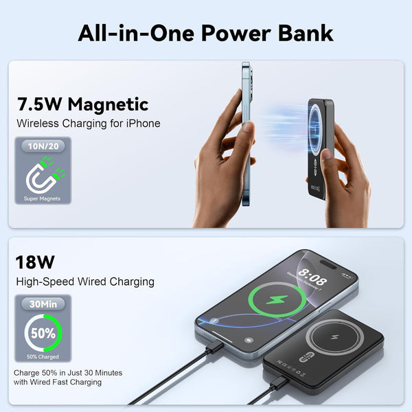 Magnetic Power Bank 5000Mah, Magnetic Portable Charger Fast Charging with Type-C Cable, Ultra Slim Magsafe Battery Pack, Magnetic Battery Pack for