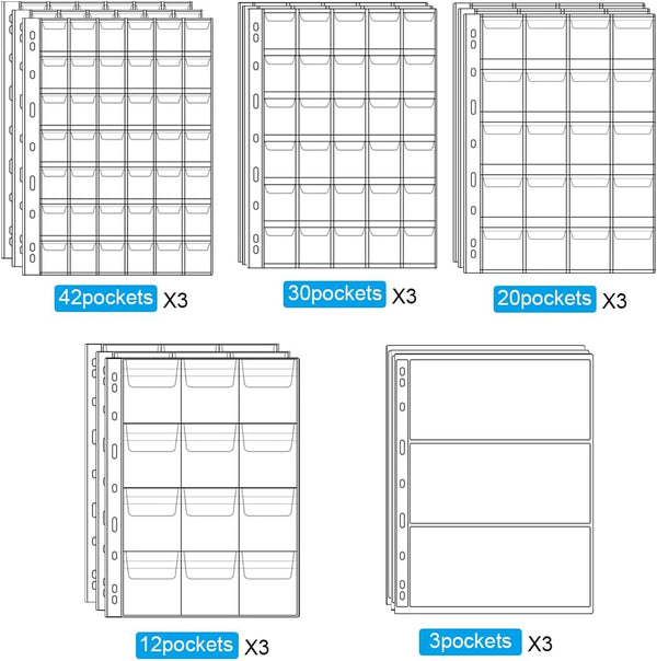 15 Sheets Plastic Coin 9-Hole 5 Sizes Pocket Pages Standard Coin Currency Money Pocket Inserts Collecting Sleeves for Coin Stickers Currency