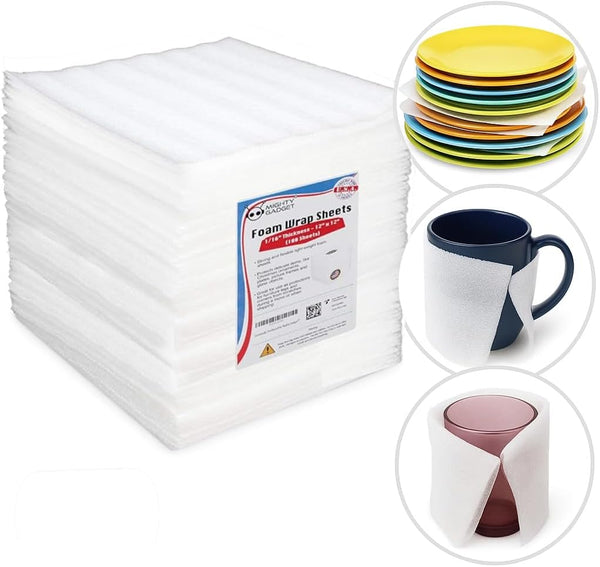 Mighty Gadget 100-Pack Foam Packing Sheets, 12" x 12" (1/16" Thick) Polyethylene, Pre-Cut Non-Abrasive Cushioning for Moving Shipping Storage,
