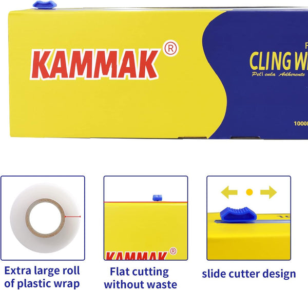 KAMMAK Plastic Wrap with Slide Cutter - 12 Inch Food Service Cling Film Roll - Clear Refillable Stretch Film - 1000 SQ FT Wrap - Bulk Quick Cut