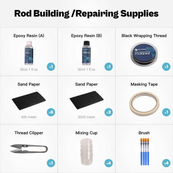 OJYDOIIIY Fishing Rod Repair Kit with Epoxy Glue, Wrapping Thread, Clipper, and Masking Tape 24-hrs Curing