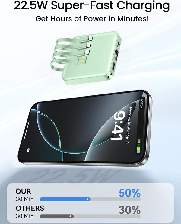 ummz Mini Portable Charger with Built-in 4 Cables，12000mAh Small Power Bank green