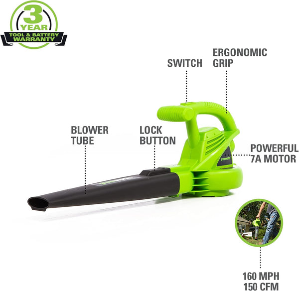 Greenworks 7 Amp 160 MPH/150 CFM Single Speed Electric Blower, 24012, green Blower (160 MPH / 150 CFM) Corded