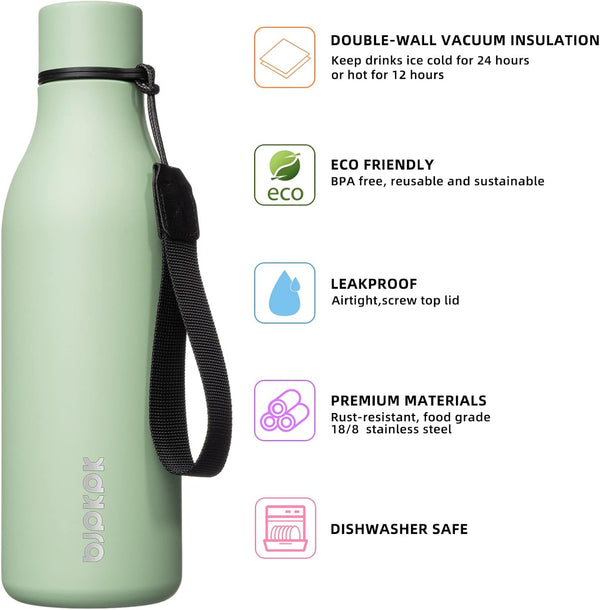 BJPKPK Insulated Water Bottles, 18 oz Stainless Steel Metal Water Bottle with Strap, BPA Free Leak Proof Jugs, Mugs, Flasks, Reusable Thermal