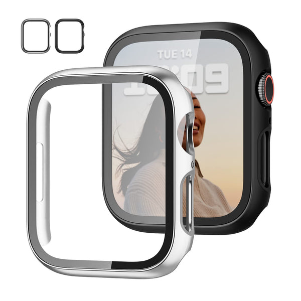 JZK Screen Protector for Apple Watch Series 3/2/1 38mm Case,Black+Silver | 2 Pack,for Apple watch Case,Hard PC Cover,Tempered Glass,Full