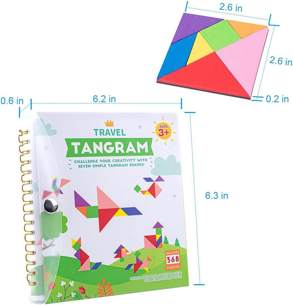 Vanmor Travel Tangram Puzzle with 2 Sets Magnetic Plate-Montessori Shape Pattern Blocks Jigsaw Road Trip Games with 368 Solution - IQ Book