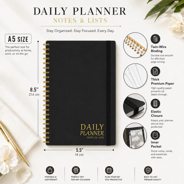Daily Planner Undated - Simplified To Do List Notebook with Hourly Schedules, Spiral Appointment Organizer, 5.5" x 8.5", Easily Manage Your Tasks