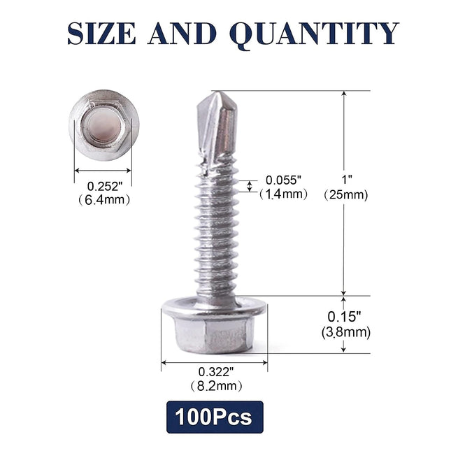 #8 x 1 Sheet Metal Screws 100PCS 410 Stainless Steel Hex Washer Head Fast Self Tapping Screws by SG TZH #8 x 1"