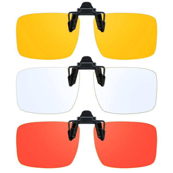VIEWBETTER 3 Pack Clip On Blue Light Blocking Glasses for Eyes Strain/Light-Sensitive Flip Up Computer Gaming Glasses A801 Orange + Yellow + Clear