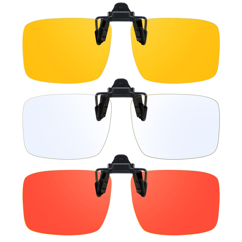 VIEWBETTER 3 Pack Clip On Blue Light Blocking Glasses for Eyes Strain/Light-Sensitive Flip Up Computer Gaming Glasses A801 Orange + Yellow + Clear