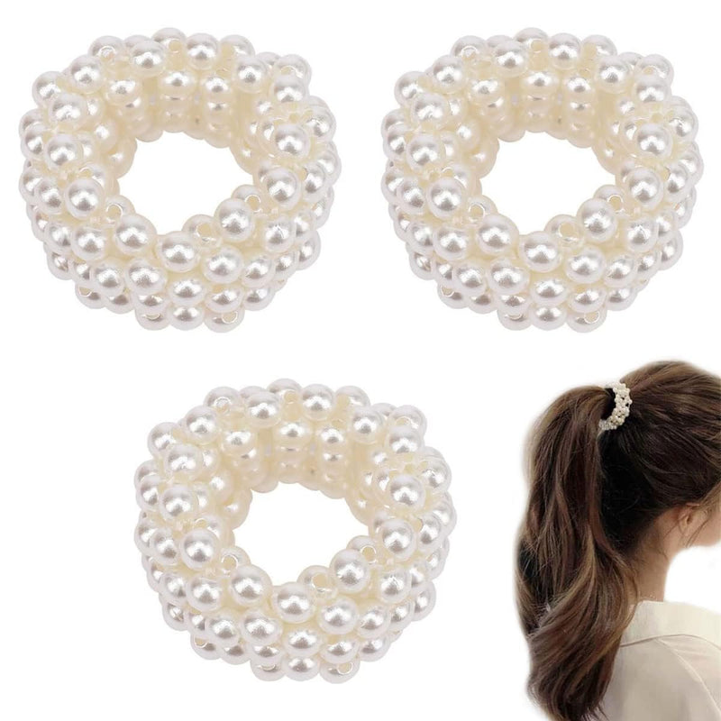 3 Pcs White Pearl Hair Bands for Women Girls, Pearl Bead Elastic Band Hair Elastic Hair Bands Ties for Women Ponytail Holder and Beauty and