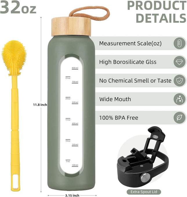 32 Oz Glass Water Bottle with 2 Lids-Handle Straw Lid & Bamboo Lid,1 Liter Motivataional Tumbler Water Bottle Time Marke