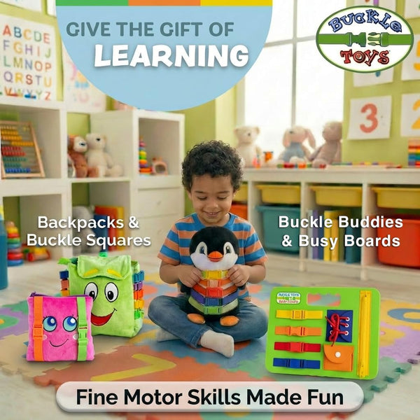 Buckle Toys Busy Board - Montessori Learning Toy for Toddlers Road Trip Essentials - Foam Sensory Board - Develop Fine Motor Skills - Green