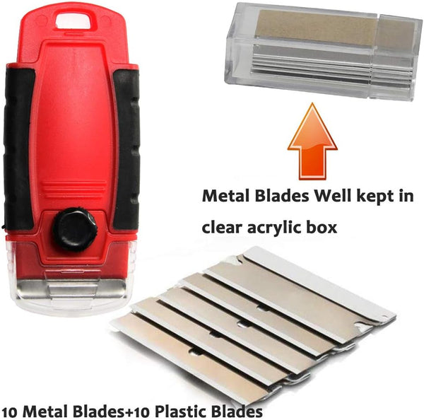 Plastic Razor Blade Scraper Hand Held Window Vinyl Tint Scraper with Protective Cover Razor Blade Red Scraper,10 Metal Razor Blades 10 Black