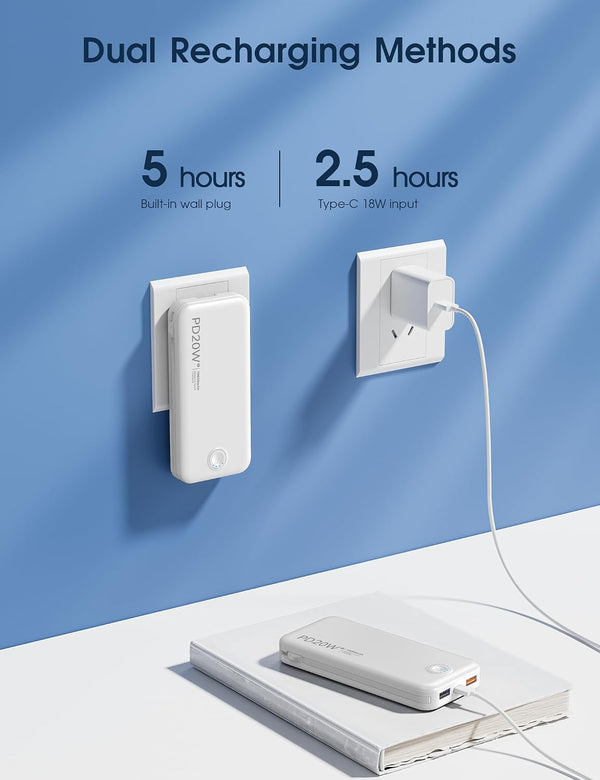 Portable Charger with Built in Cable and AC Wall Plug, USB C Power Bank 12000Mah 22.5W Super Fast Charging, Lightweight Portable Phone Charger