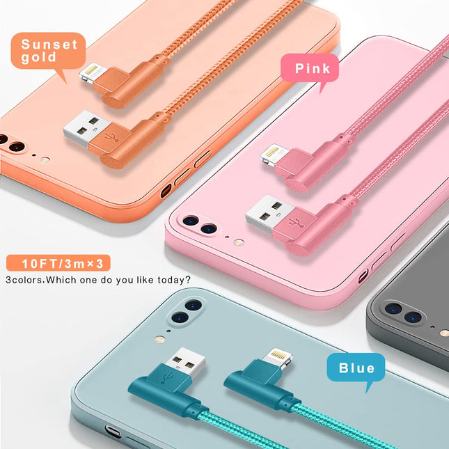 Iphone Charger, 3 Pack 10FT 90 Degree Charging Cable Mfi Certified USB Lightning Cable Nylon Braided Fast Charging Cord 