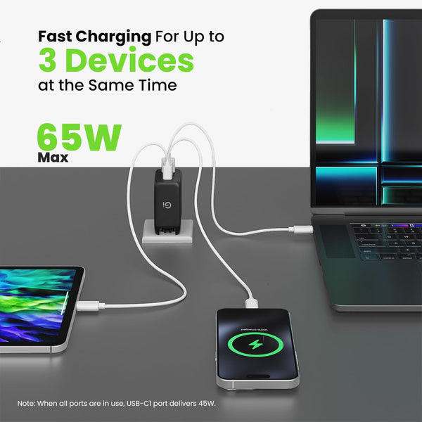 GEARit 65W USB C Charger Block, GaN 3-Port Foldable Fast Wall Charger | Type-C PD 3.0 & PPS fast charging, 2 USB-C + 1 USB-A, for MacBook Pro/Air,