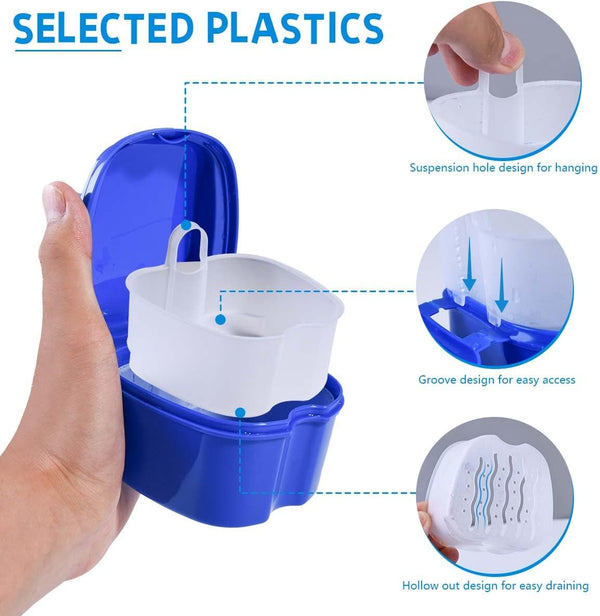 KISEER 2 Pack Colors Denture Bath Case Cup Box Holder Storage Soak Container with Strainer Basket for Travel Cleaning (Light Blue and Blue)