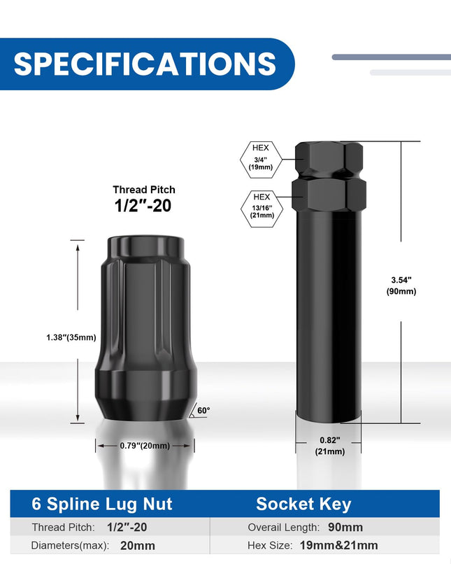 Gasupply 1/2-20 Lug Nuts Black, 1/2 X 20 Closed End 6 Spline Tuner Lug Nuts 1.38" 35Mm Tall Conical Seat 60 Degree, 20 P