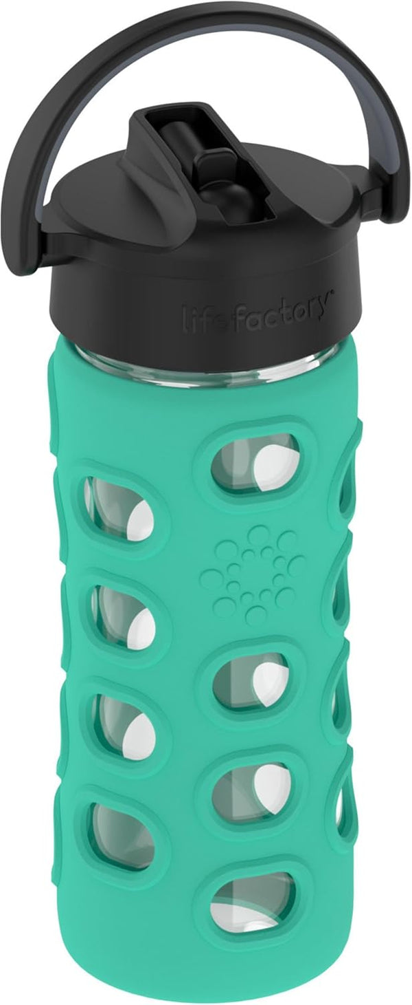Lifefactory Glass Water Bottle with Pivot Straw Cap, 12 Ounce, Kale