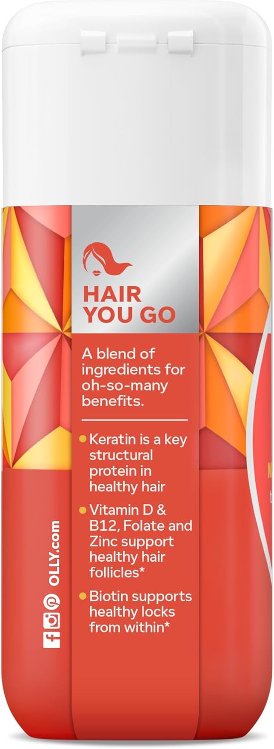 OLLY Ultra Strength Hair Softgels, Supports Hair Health, Biotin, Keratin, Vitamin D, B12, Hair Supplement, 30 Day Supply - 30 Count (Packaging May