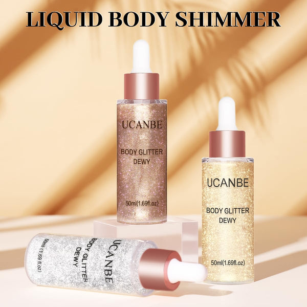 UCANBE 3 Pcs Body Glitter Highlighter Shimmer Drops, Dewy Glow Set Multi-Color Set