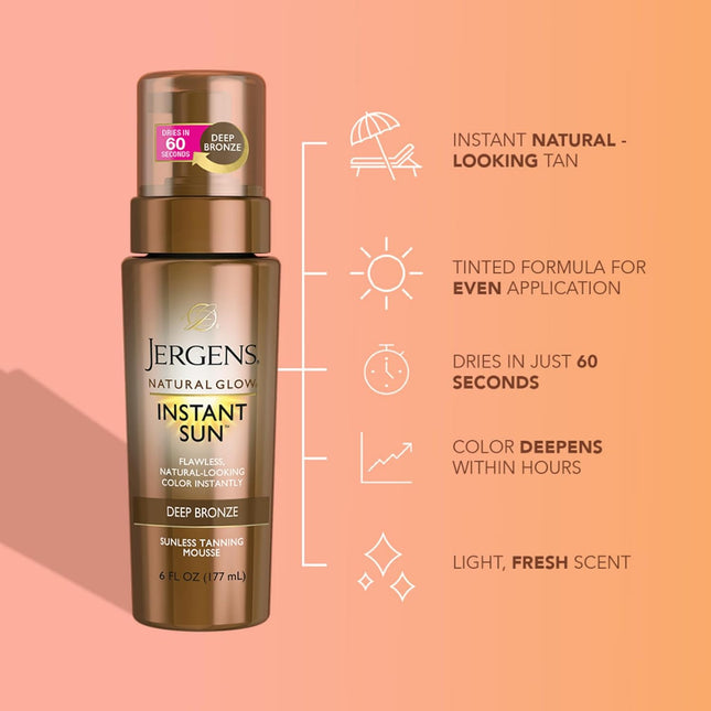 Jergens Natural Glow Instant Sun Body Mousse, Self Tanner for Deep Bronze Tan, S