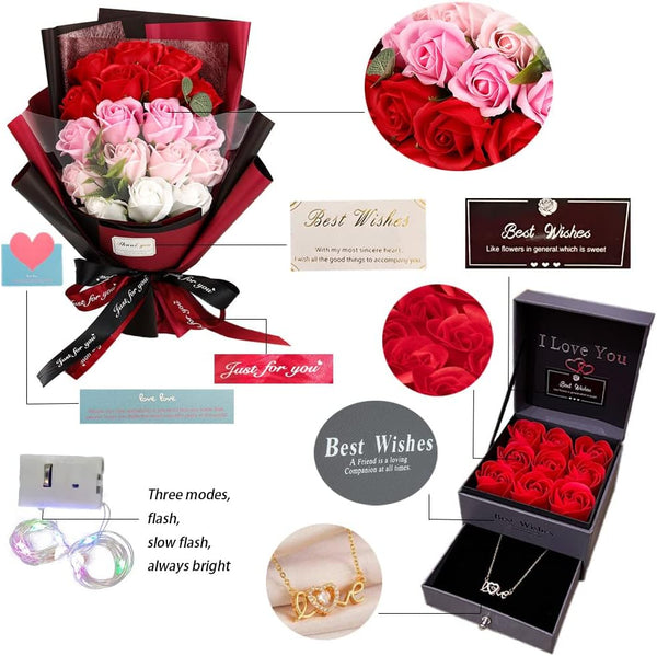 EIGHTOWN Roses Bouquet Artificial Flower - Preserved Red Rose Flowers with Love Necklace for Her - Unique Gifts Valentine's Day, Mother's Day,
