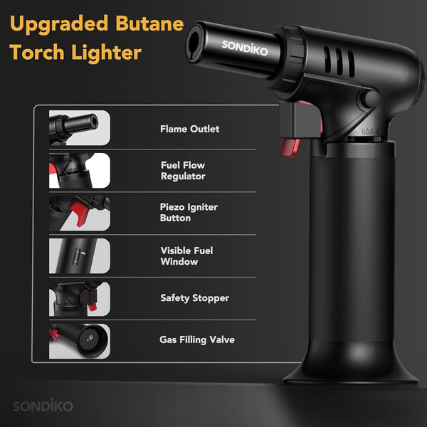 Sondiko Butane Torch, Refillable Soldering Torch with Visible Fuel Window Black 1-Pack