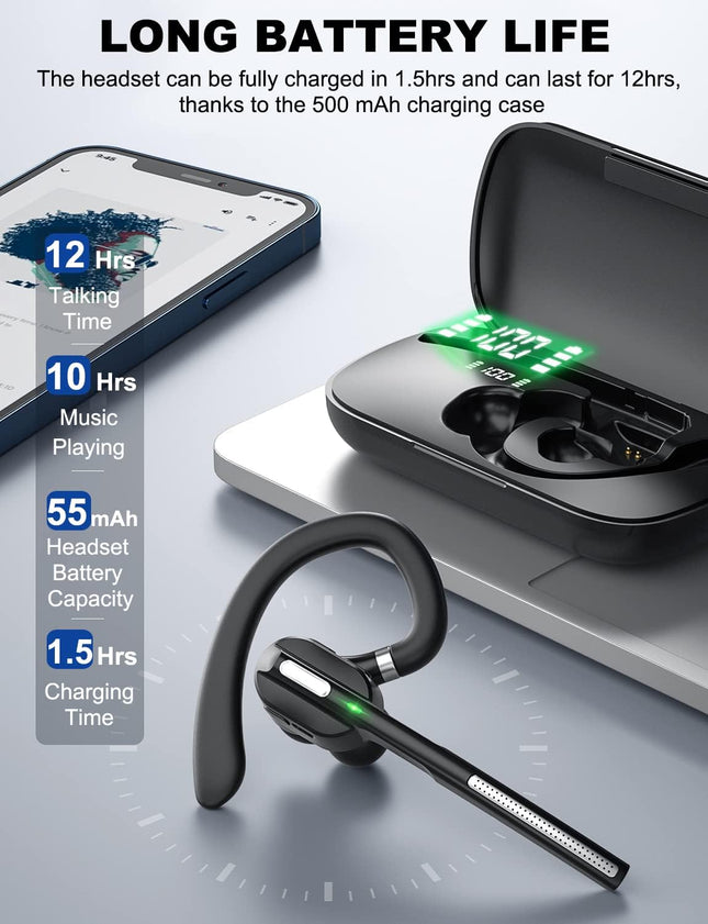 Bluetooth Headset V5.1, Wireless Headset with Battery Display Charging Case, Bluetooth Earpiece with Noise Canceling Mic