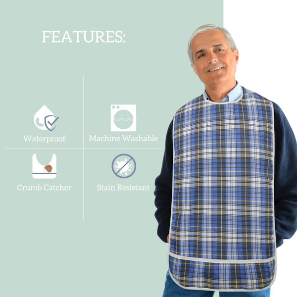 Modaliv Premium Adult Bib, Extra Large, Waterproof & Reusable, Blue | Clothing Protector with Crumb Catcher, Machine Washable Adaptive Dining Bib