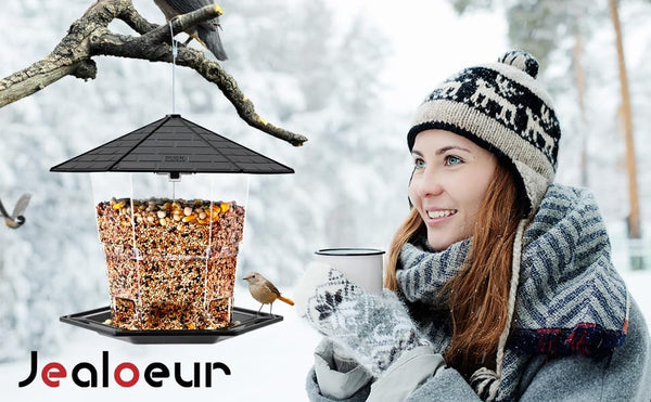 Jealoeur Bird Feeders for Outdoors Hanging Bird Feeder Wild Birds Seed, Black 1 Black