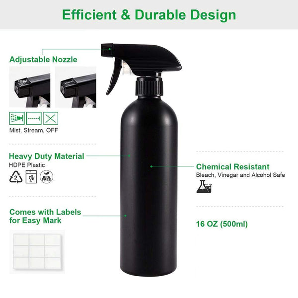 Cindy's Tape Plastic Spray Bottles Black for Cleaning Solutions 16 oz (Pack of 4), Heavy Duty Opaque Refillable Reusable Empty anti-degradation