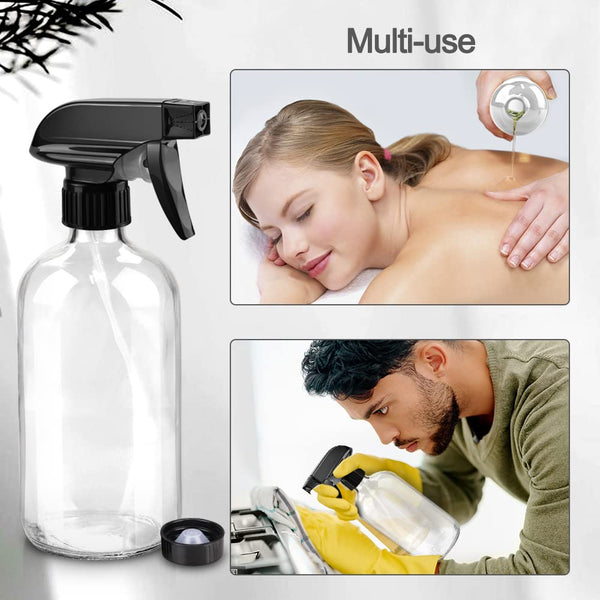 Glass Spray Bottles, 16Oz Refillable Containers, Empty Boston round Bottles with Labels & Adjustable Nozzle for Cleaning, Gardening, Aromatherapy,
