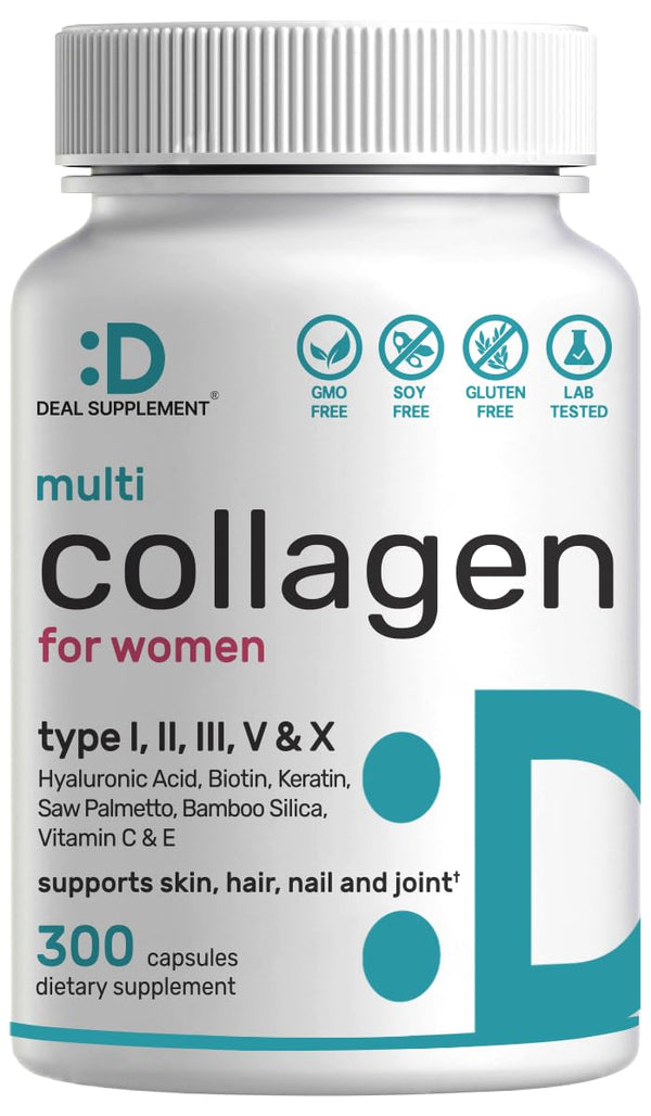 Multi Collagen Pills with Vitamin C, E & Biotin, 300 Capsules â Hydrolyzed Collagen Peptides â 11 in 1 Formula with Saw Palmetto, Bamboo Silica, &