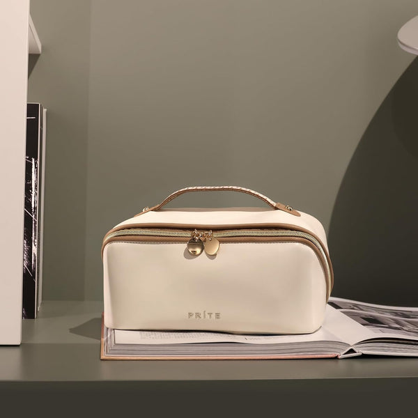 Prite Makeup Bag for Women Travel Waterproof Vegan Leather Cosmetic Bag Open Flat Toiletry Bag with Clear Divider and Handle (Beige)