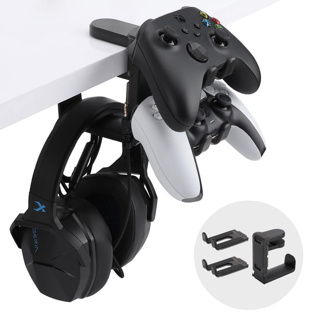 PC Gaming Headphone Stand & Controller Holder, 3 in 1 under Desk Clamp Universal Headset Controllers Hook with Adjustabl